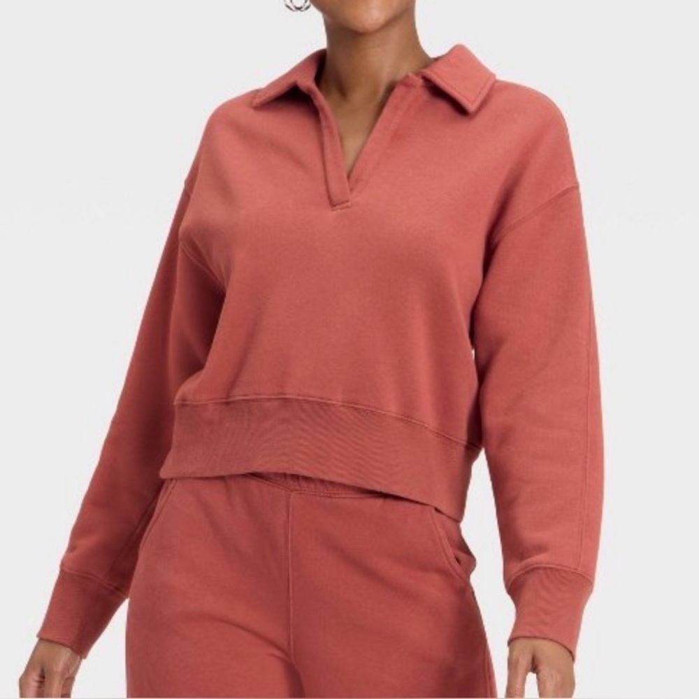 UNIVERSAL THREAD BURNT ORANGE RUST COLOR LONG SLEEVE PULLOVER POLO SWEATSHIRT XS